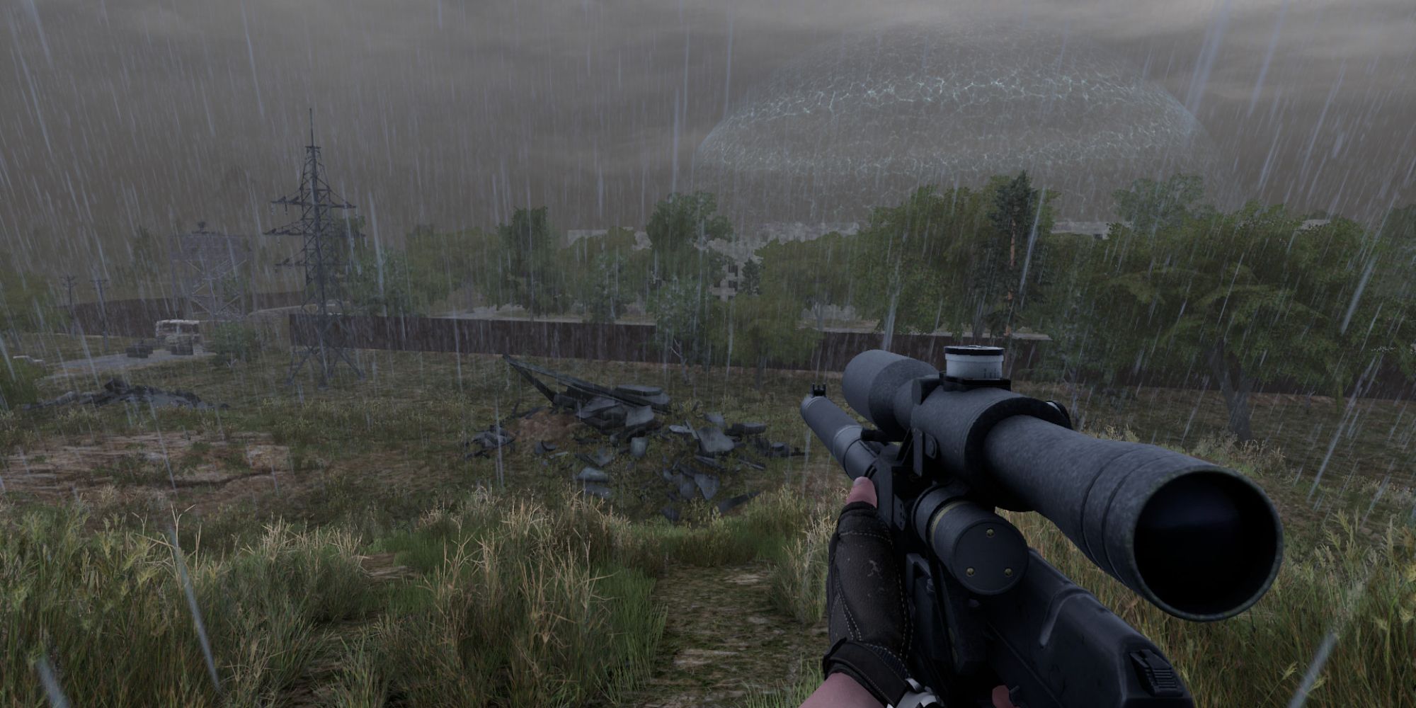 An image from Will To Live Online of a player using a sniper rifle in the rain