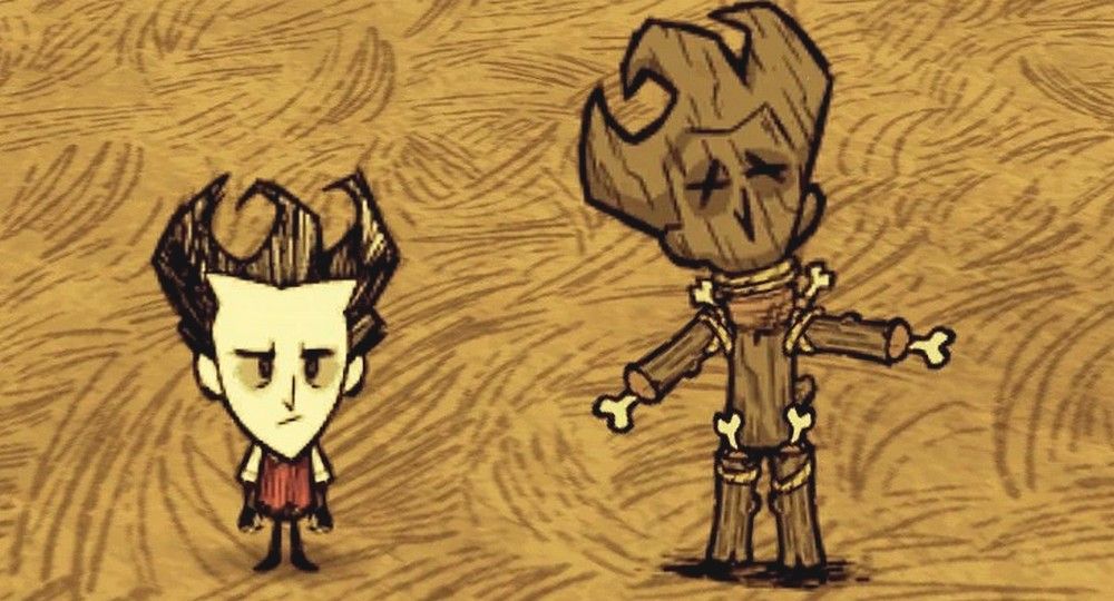 wilson and a meat effigy standig in the grasslands in don't starve together
