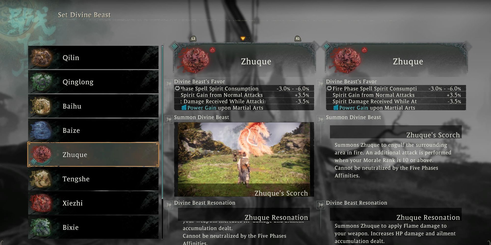 Wo Long: Fallen Dynasty - Divine Beast Zhuque menu information
