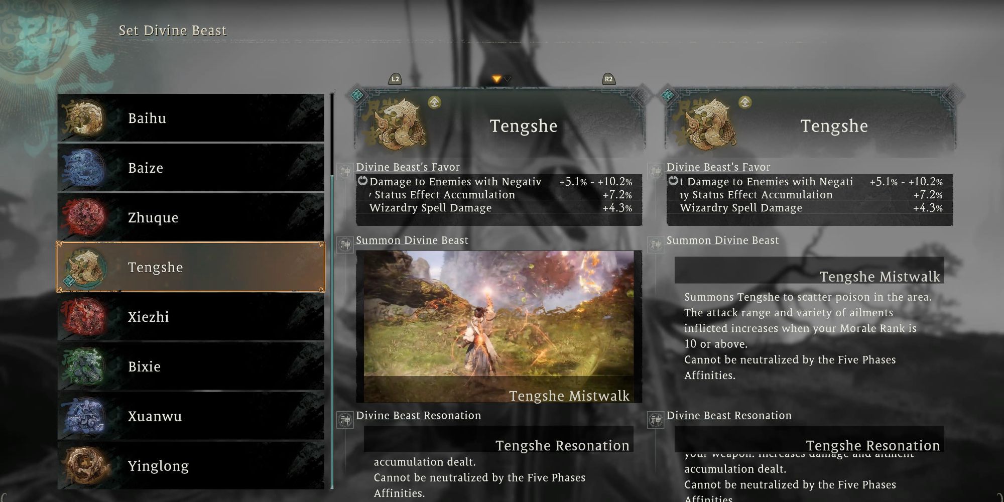 Wo Long: Fallen Dynasty - Divine Beast Tengshe menu screen