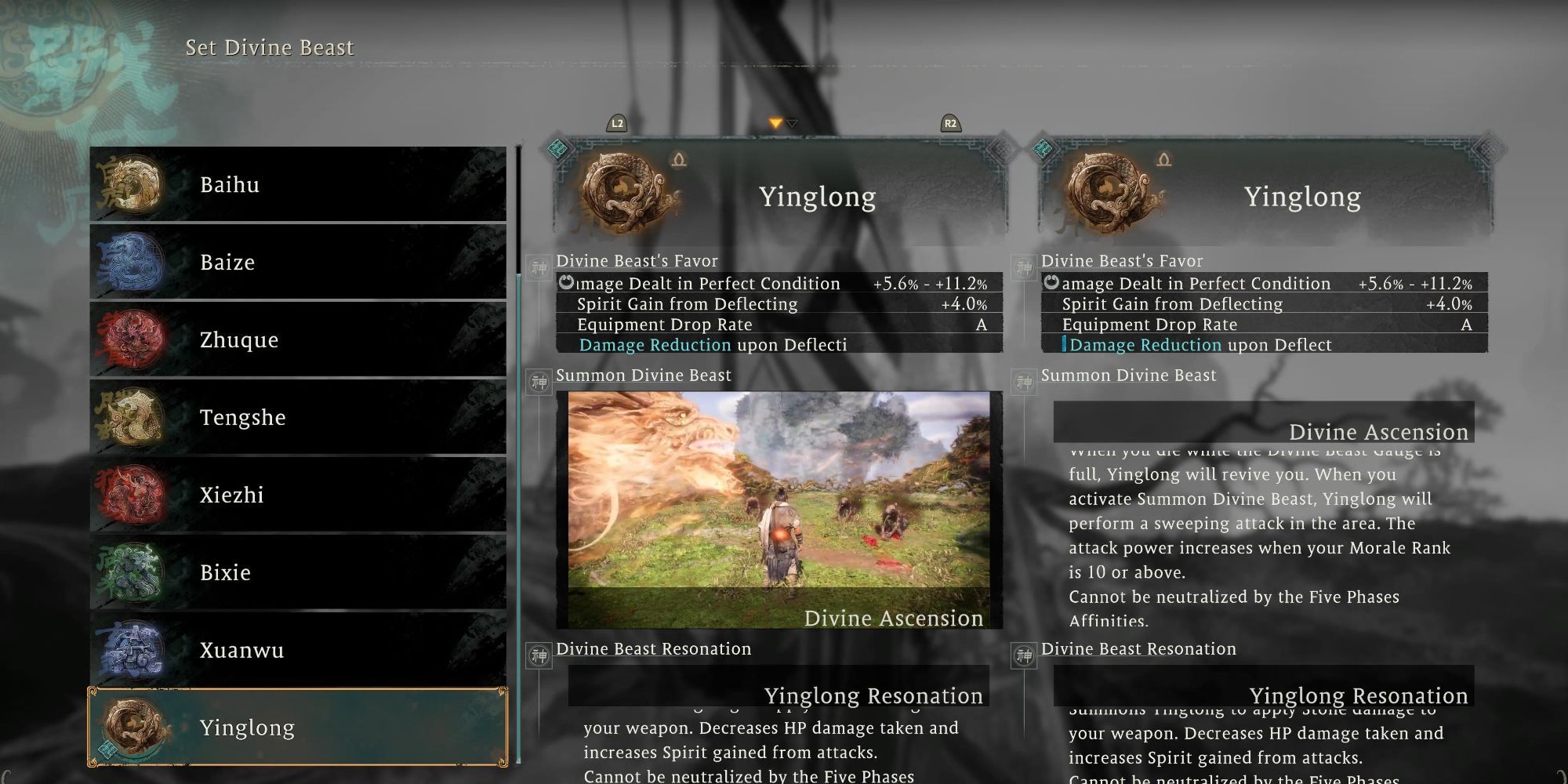 Wo Long: Fallen Dynasty - Divine Beast Yinglong menu screen