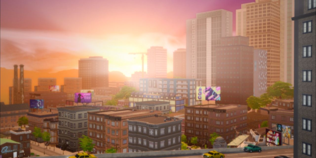 An overview of a city in The Sims 4 with different lighting as the sun sets