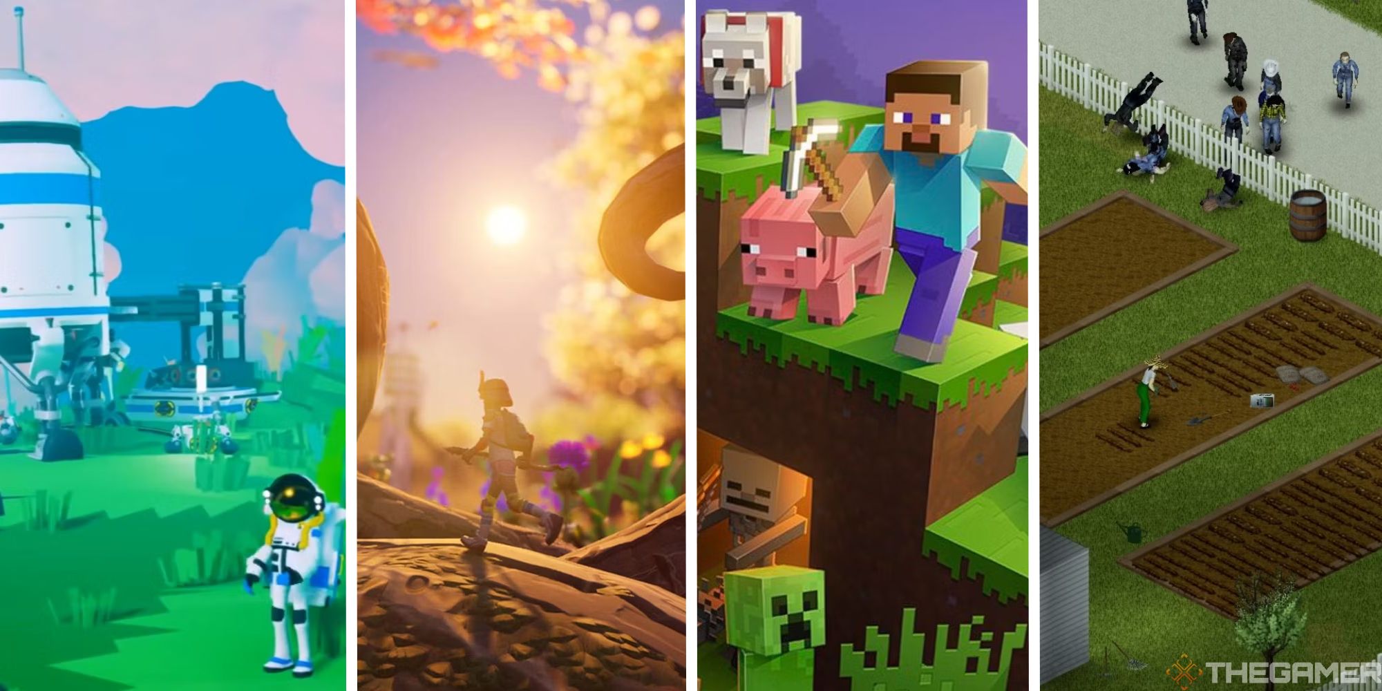 split image showing astroneer, grounded, minecraft, and project zomboid
