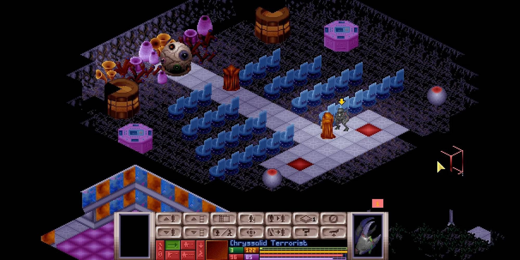 An isometric pixel-art of a dark room with an alien inside among rows of chairs from XCOM