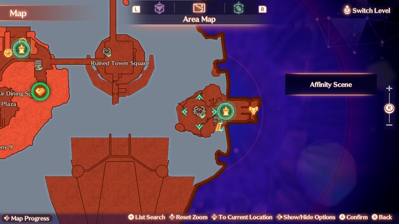 Map location of the affinity scene in Yesterdale in Xenoblade Chronicles 3: Future Rhydiamd.