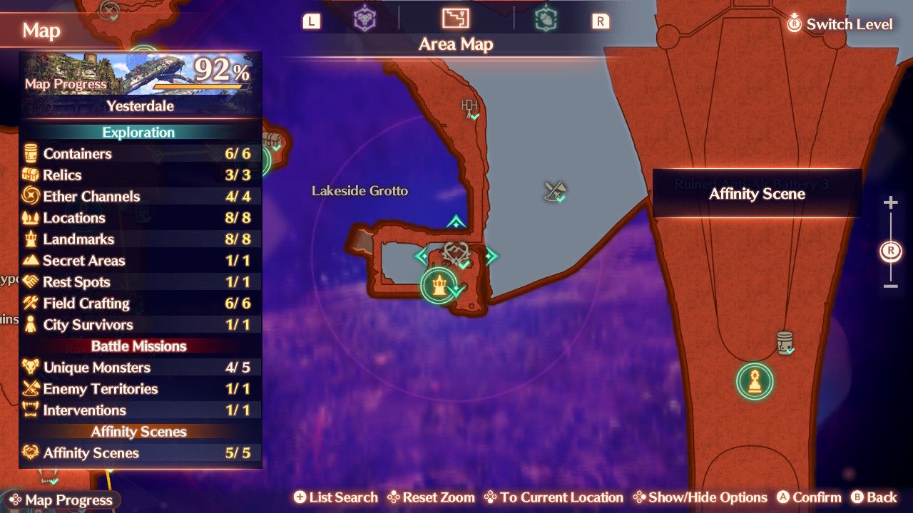 Map location of the affinity scene in Yesterdale in Xenoblade Chronicles 3: Future Rhydiamd.