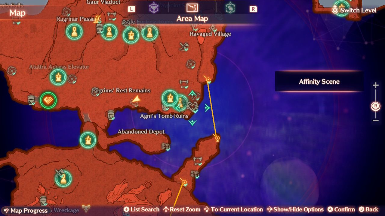 Map location for the Aurora Shelf affinity scene in Xenoblade Chronicles 3: Future Rydiamond.