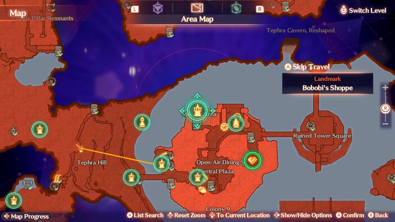 The map location of Bobobi's Shoppe in Yesterdale in Xenoblade Chronicles 3: Future Redeemed.
