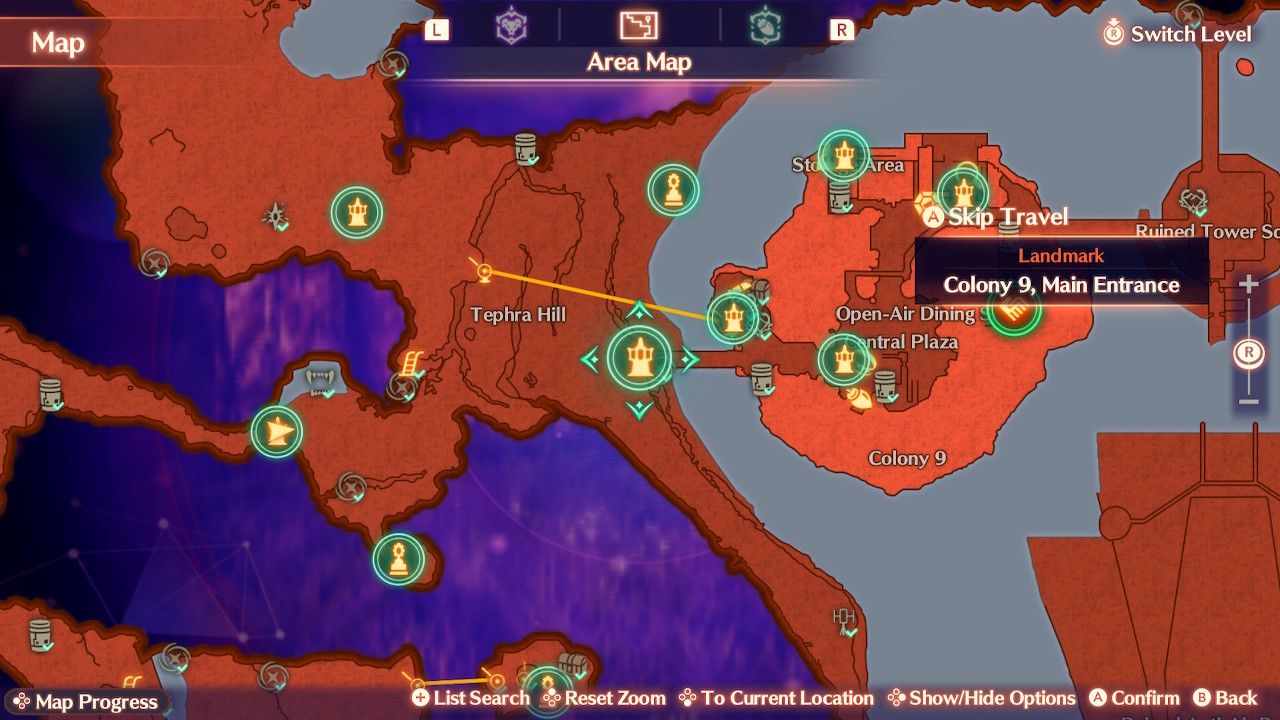 The map location of Colony 9, Main Entrance in Yesterdale in Xenoblade Chronicles 3: Future Redeemed.