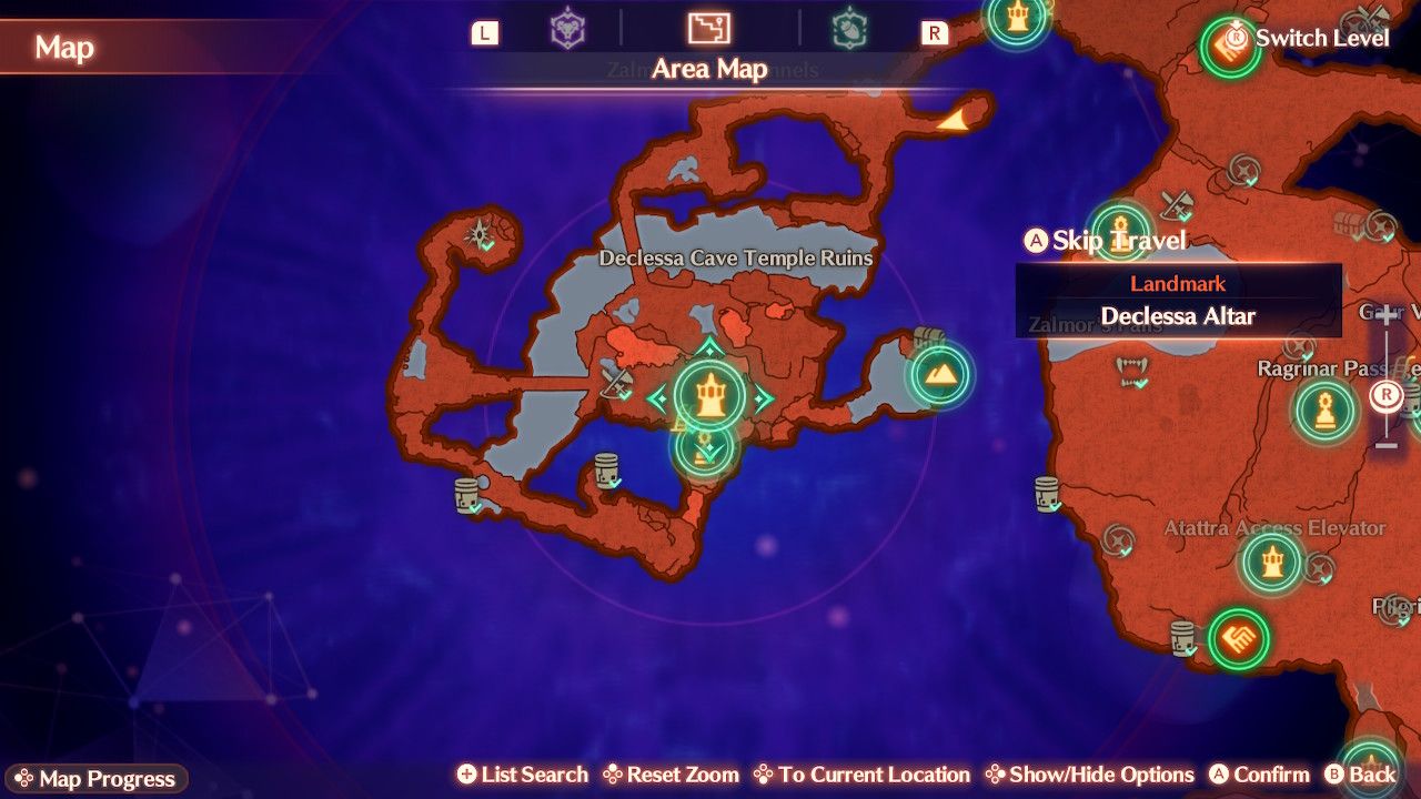 The map location of the Declessa Altar in the Aurora Shelf in Xenoblade Chronicles 3: Future Redeemed.