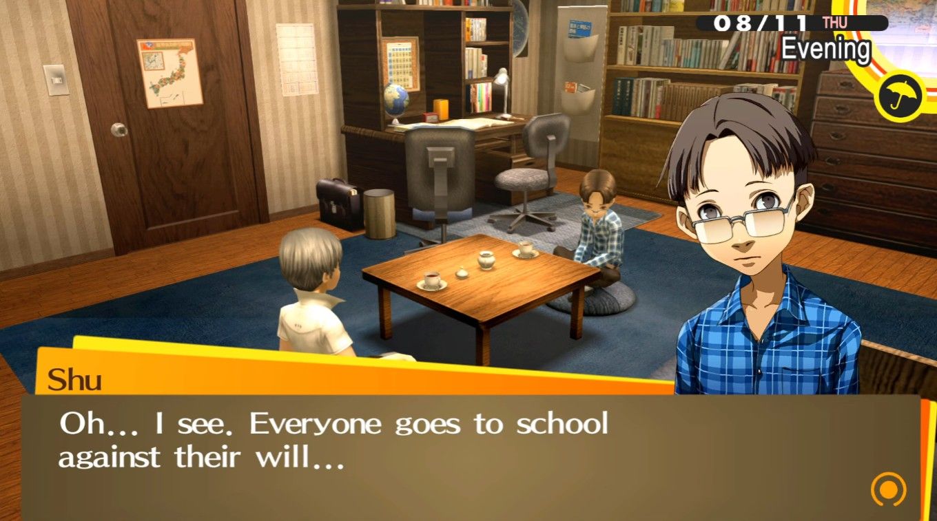 yu and shu in shu's bedroom talking about how everyone goes to school against their will for our persona 4 golden tower social link guide
