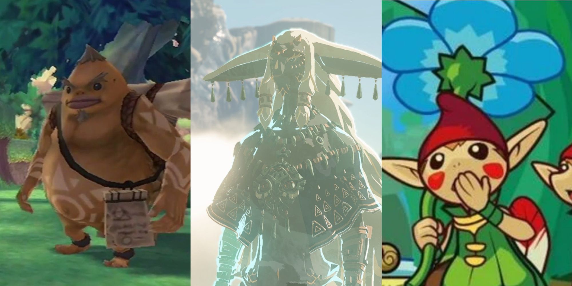 A Goron catographer from Skyward Sword, Rauru in spectral form in Tears of the Kingdom, and a Minish from Minish cap, left to right