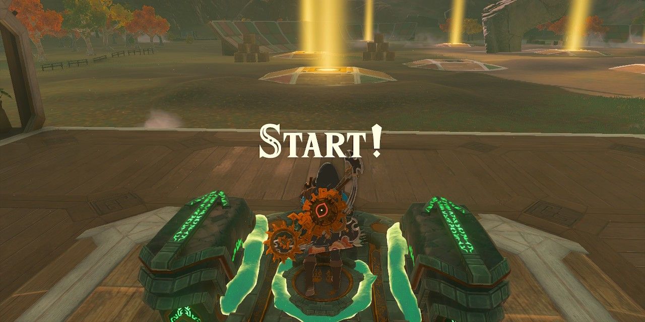 Screenshot of Link's Zelda Tears of Kingdom preparing for a race at Zonai Construction