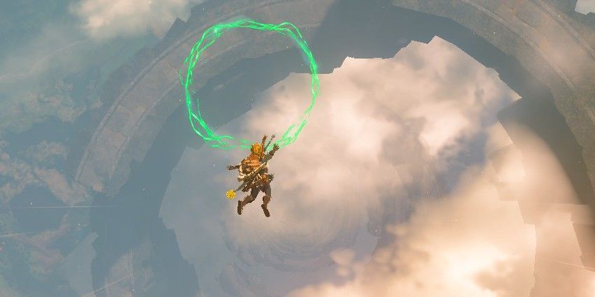 Screenshot of Link skydiving towards the green ring in Zelda Tears of Kingdom