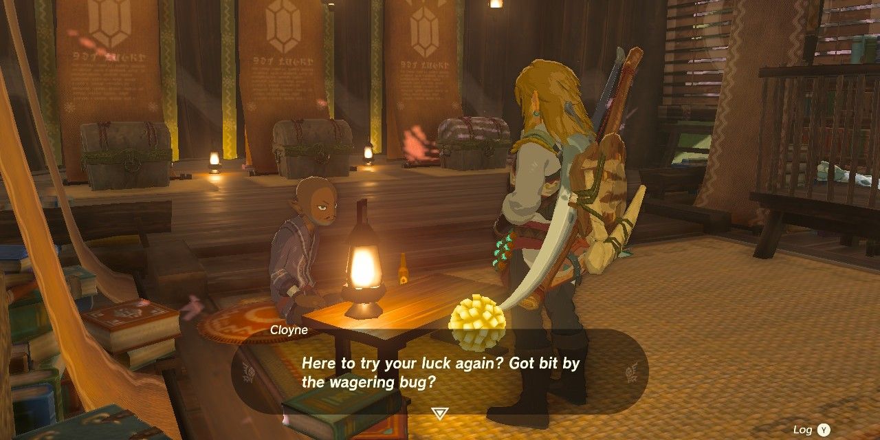 Screenshot of Link's Zelda Tears of the Kingdom in the Treasure Chest Shop, as requested by store owner Cloyne. 