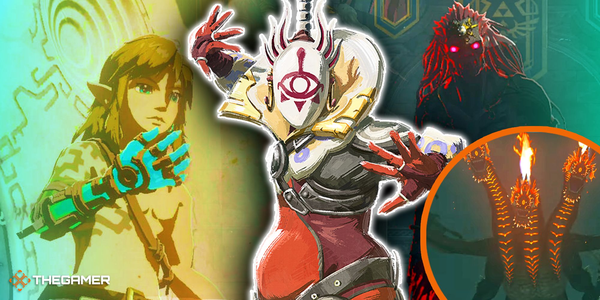 Link holds out his new arm with Master Kohga, Phantom Ganon, and the Fire Gleeok to the right.