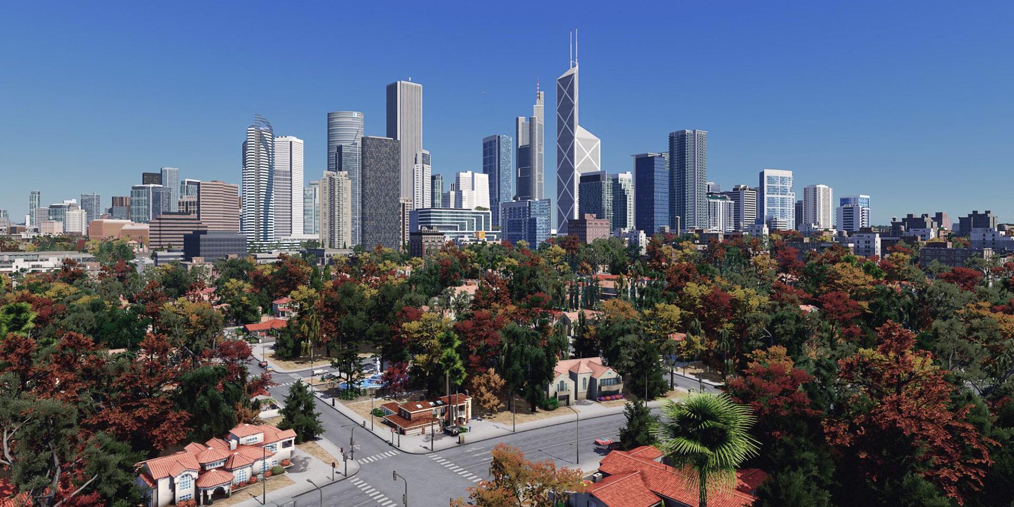 An image from Cities: Skylines which illustrates the drastic differences between the zoning in the game. This particular photo showcases suburbs with massive sky scrapers in the background. 