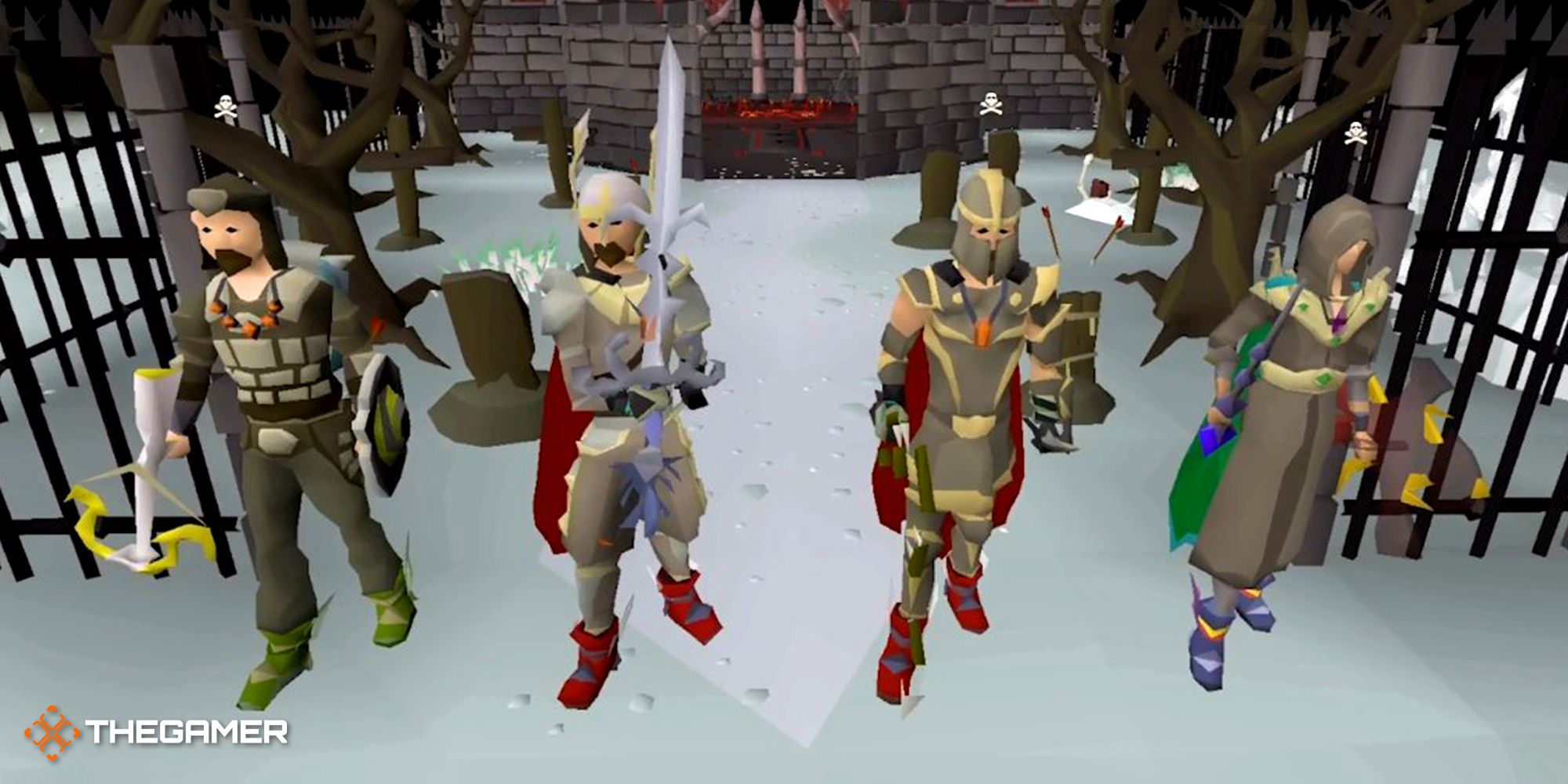 Four characters of different classes standing next to each other with their weapons on their hands, next to a cemetery.
