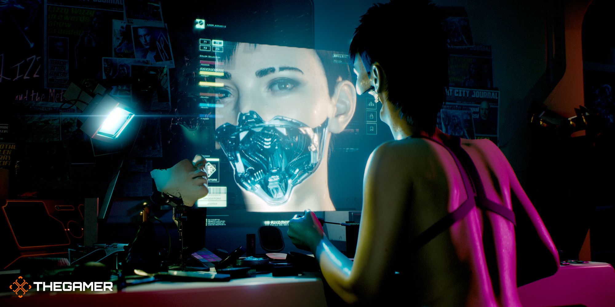 Cyberpunk 2077: woman modifies her own face at a computer