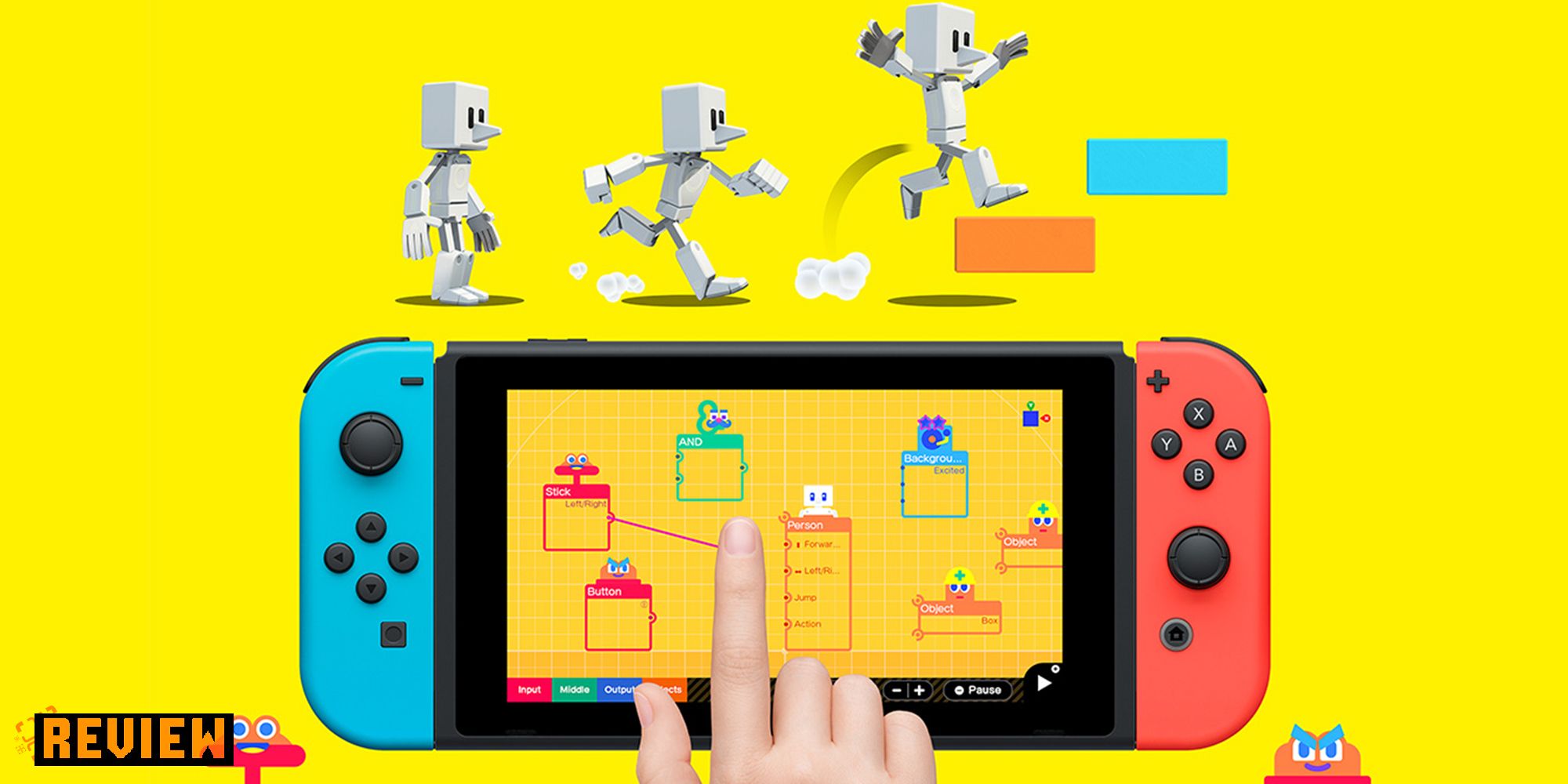 Game art for Game Builder Garage and game playing on a Nintento Switch.