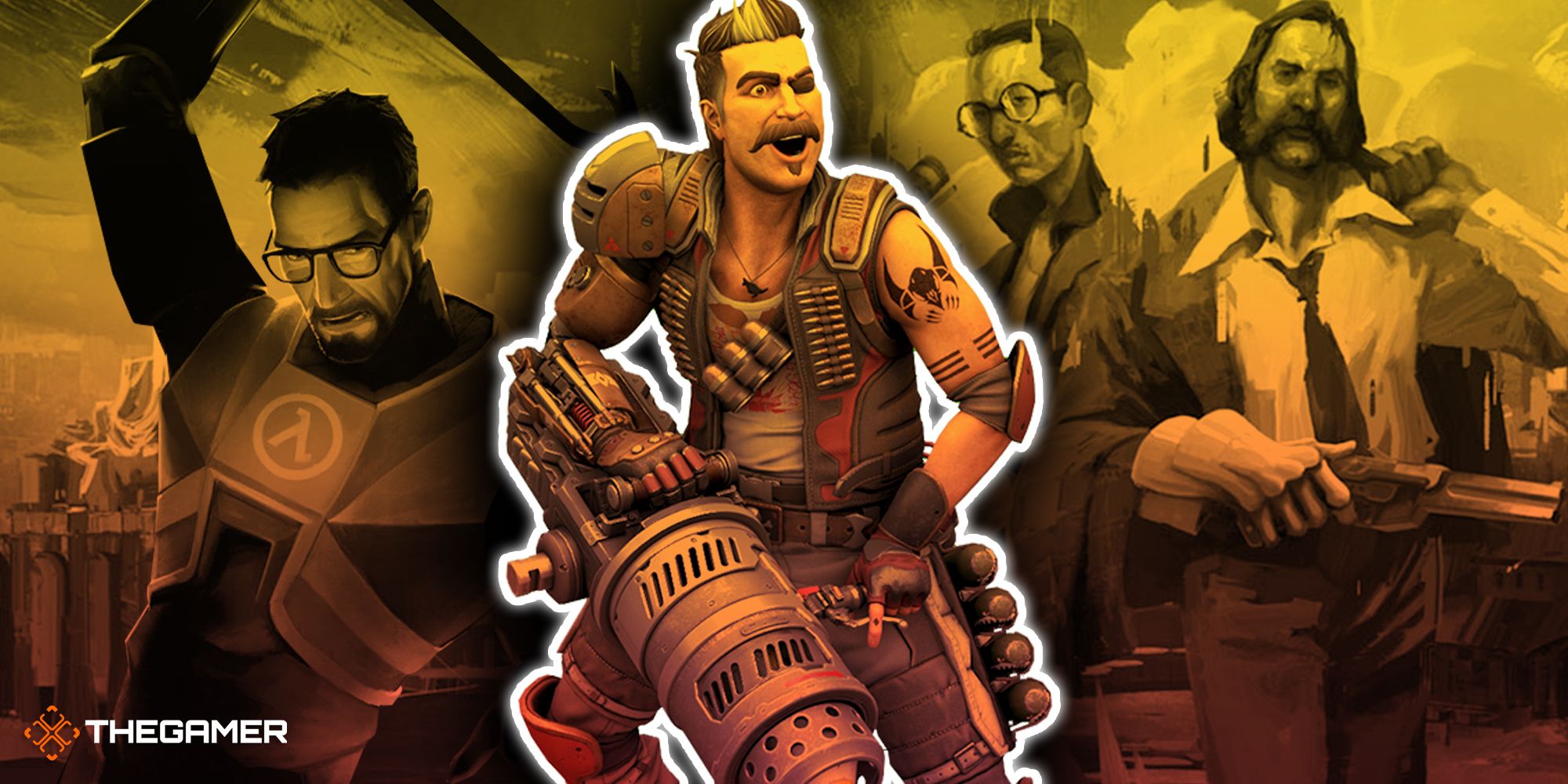 Game art from Apex Legends, Disco Elysium and Half-Life 2.