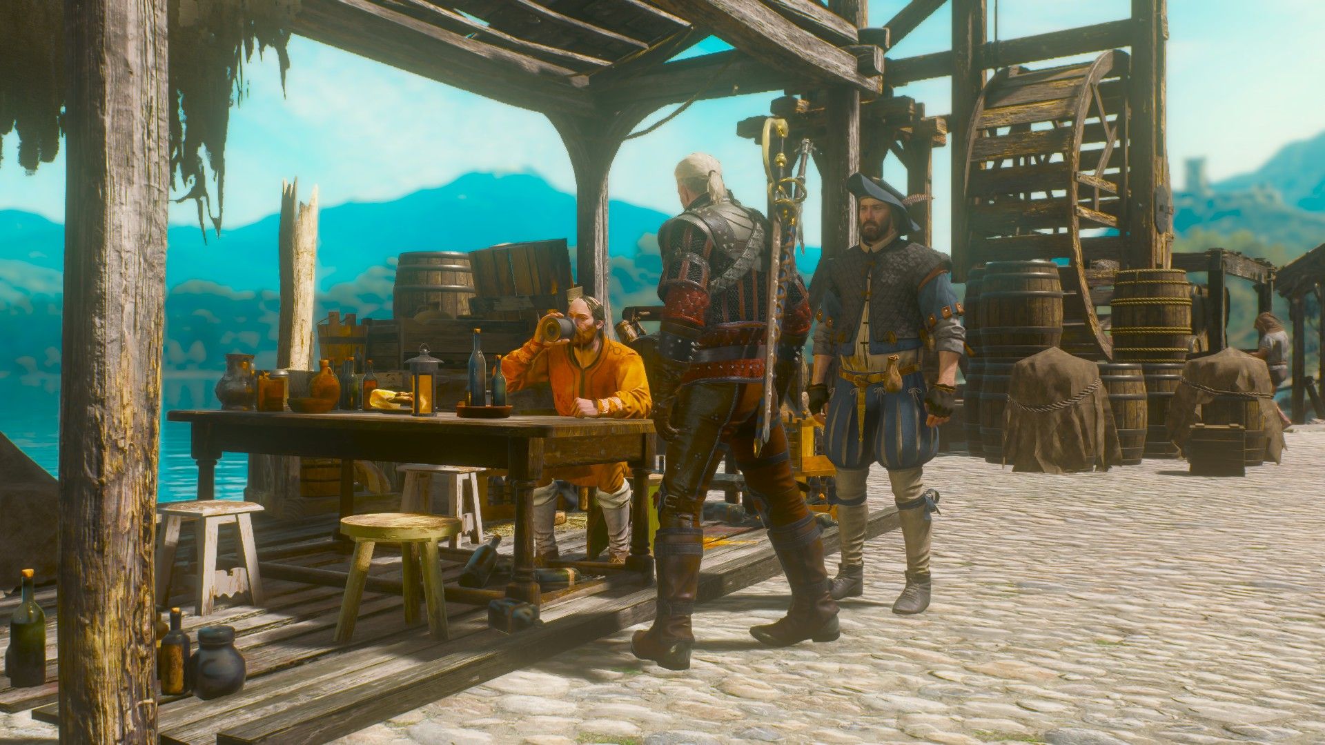 Geralt takes a seat with a man dressed in orange as he drinks by the docks at Beauclair.