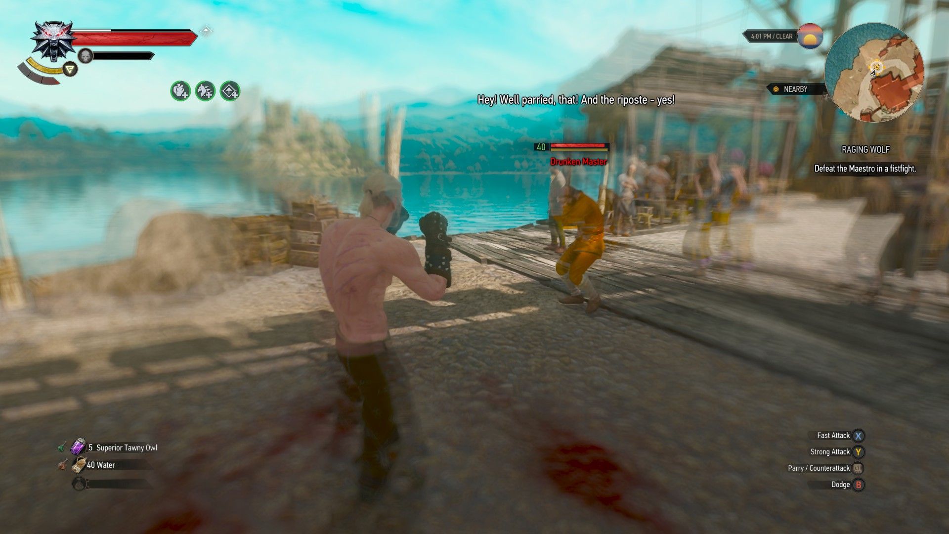 A screenshot of Geralt fighting while drunk, with the screen heavily distorted.