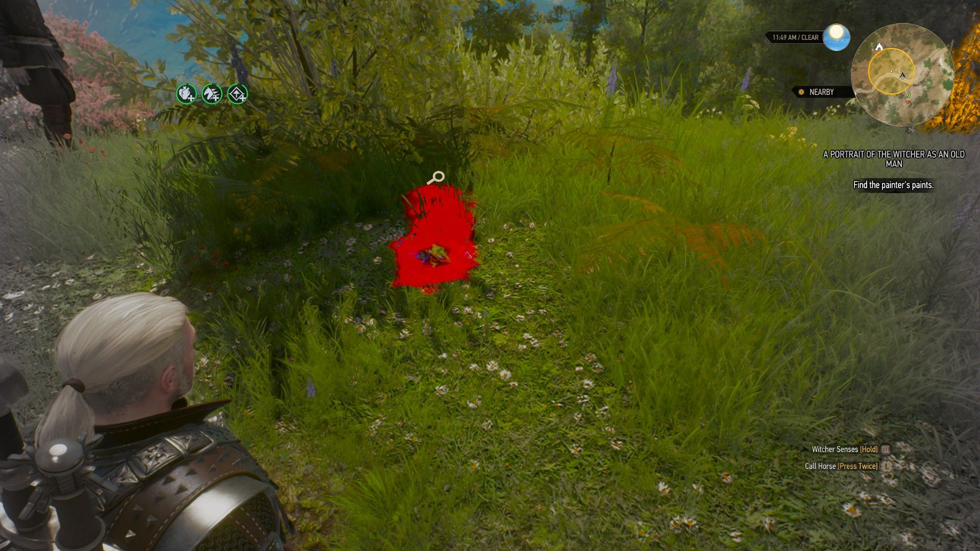 A screenshot of Geralt&rsquo;s Witcher Senses highlighting a clue in red.
