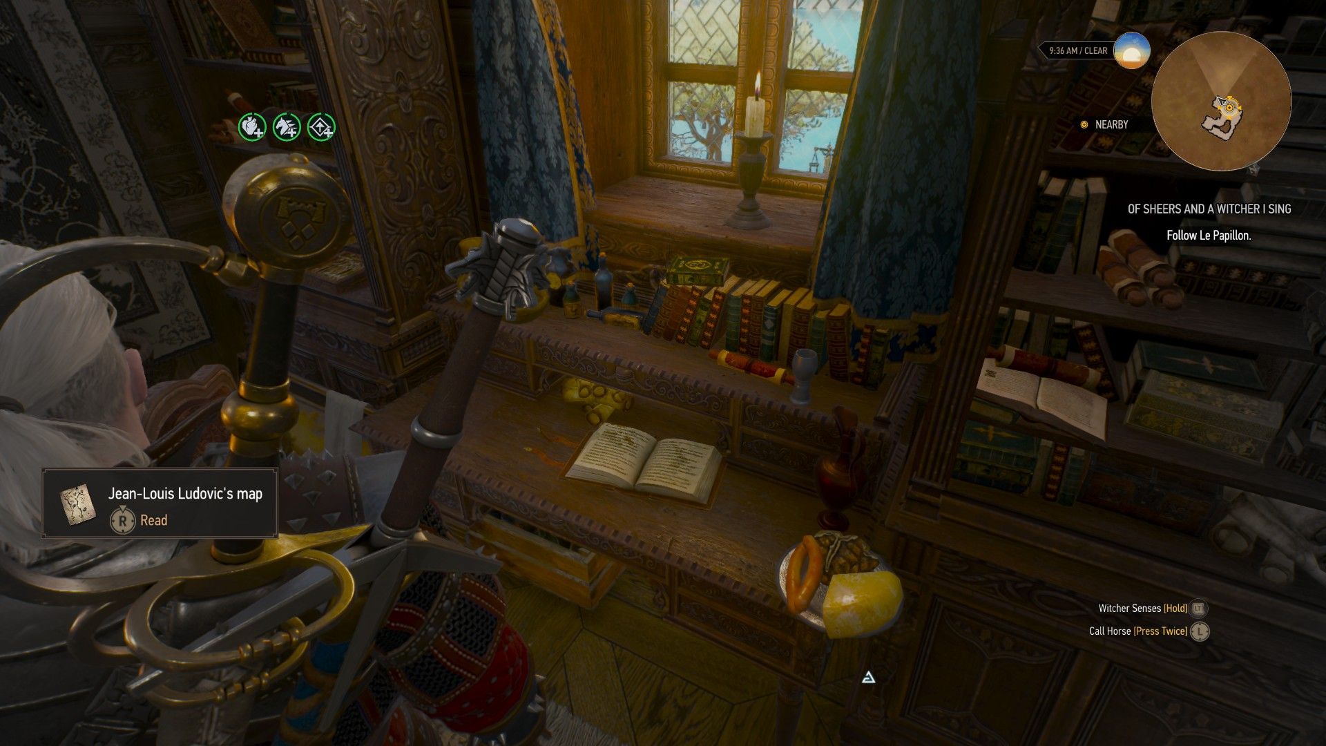 A screenshot of The Witcher 3, with the focus on a book essential to a quest.