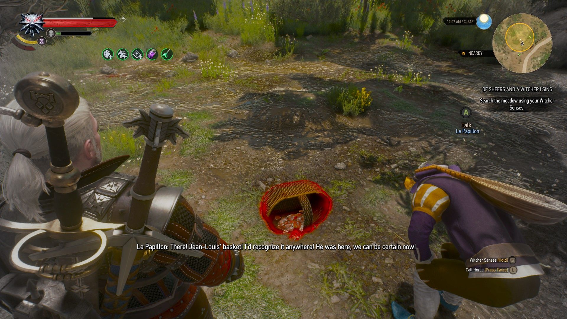 A screenshot of Geralt&rsquo;s Witcher Senses highlighting a basket in red.