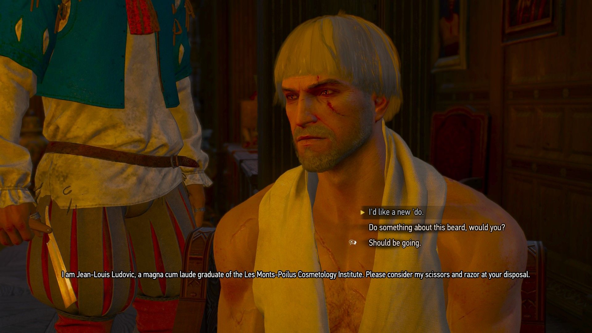 A screenshot of The Witcher 3&rsquo;s barber menu, with Geralt sporting a hideous bowl cut.