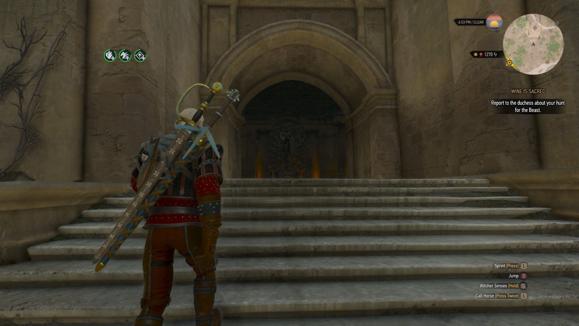 A screenshot of Geralt walking up a set of stairs leading to a temple built into a cliff.