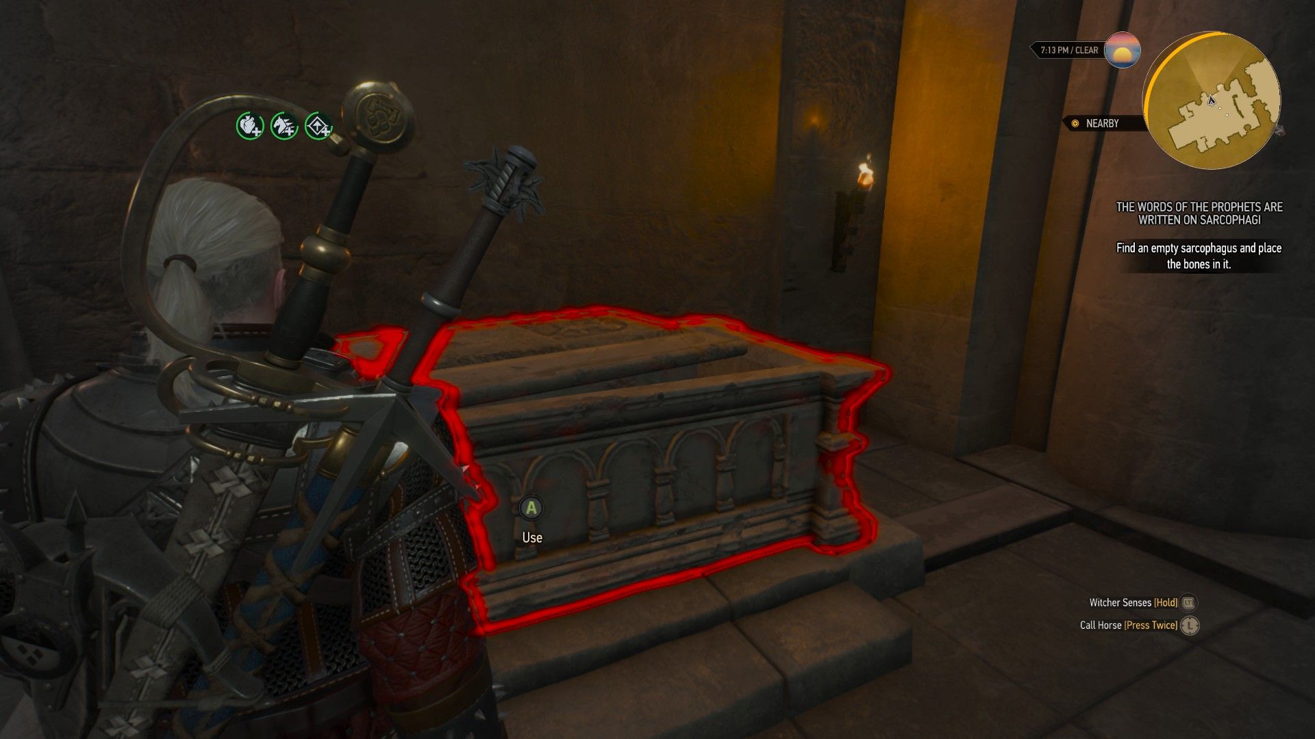 A screenshot of Geralt looking at an open sarcophagus highlighted in red with his Witcher Senses.