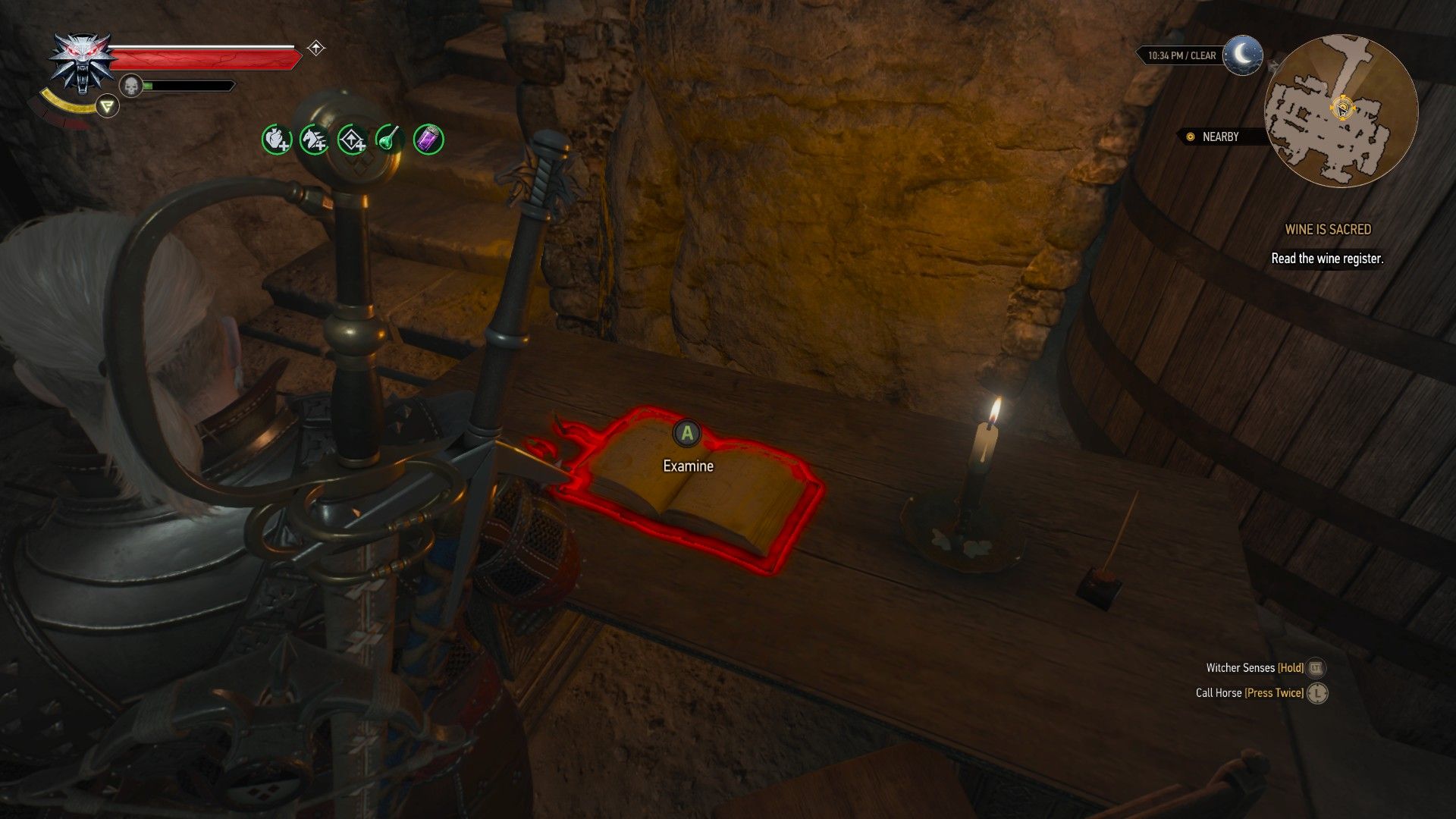 A screenshot of Geralt&rsquo;s Witcher Senses highlighting a book in red as he inspects it.