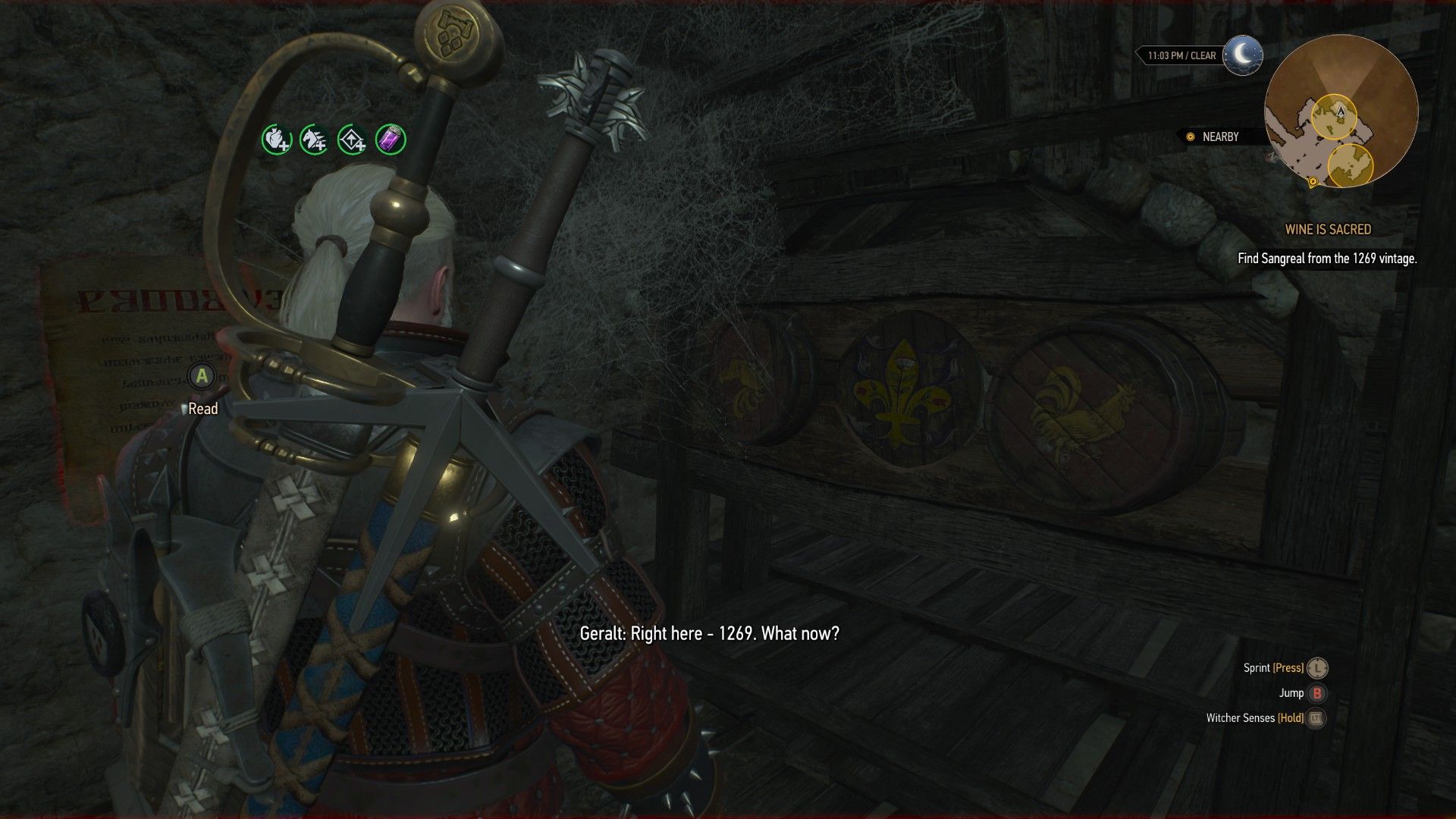 A screenshot of Geralt finding the correct barrels of wine in a cellar.