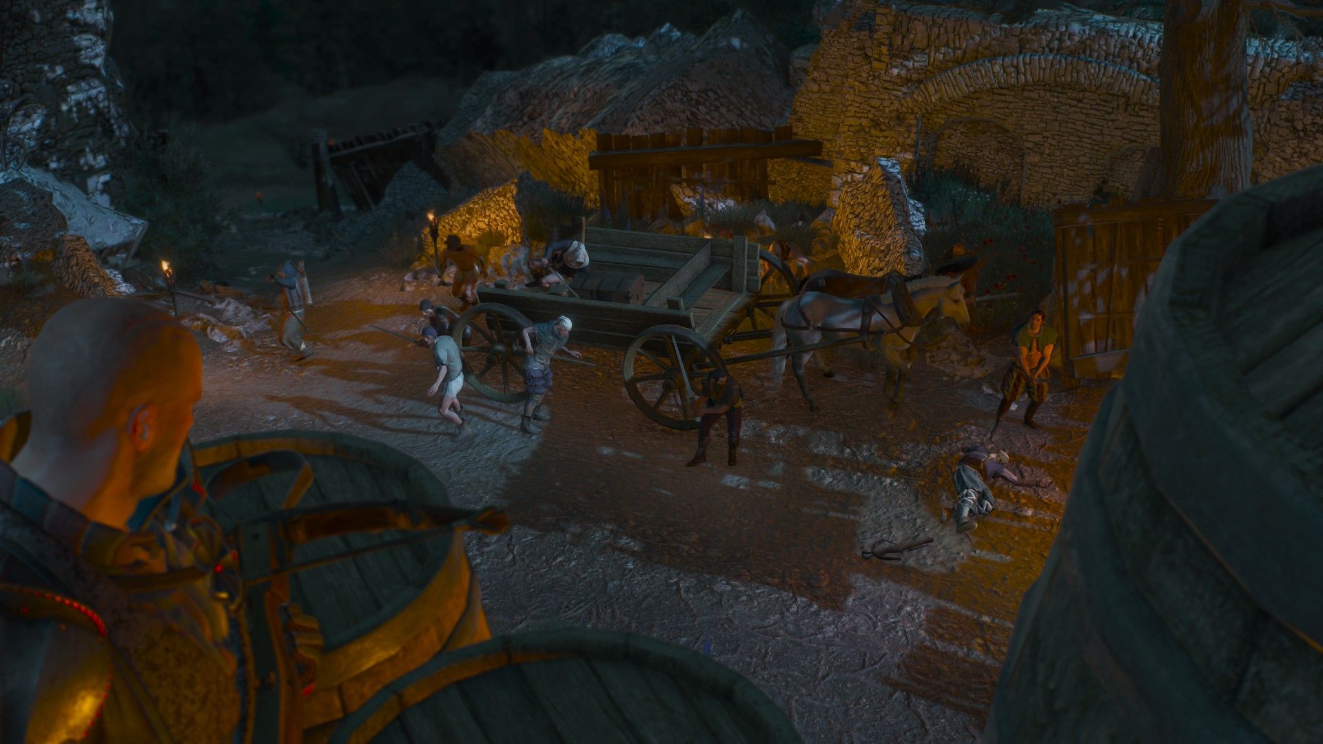 A bald guardsman holds his crossbow ready as a gang of bandits get out of a cart in an abandoned castle.
