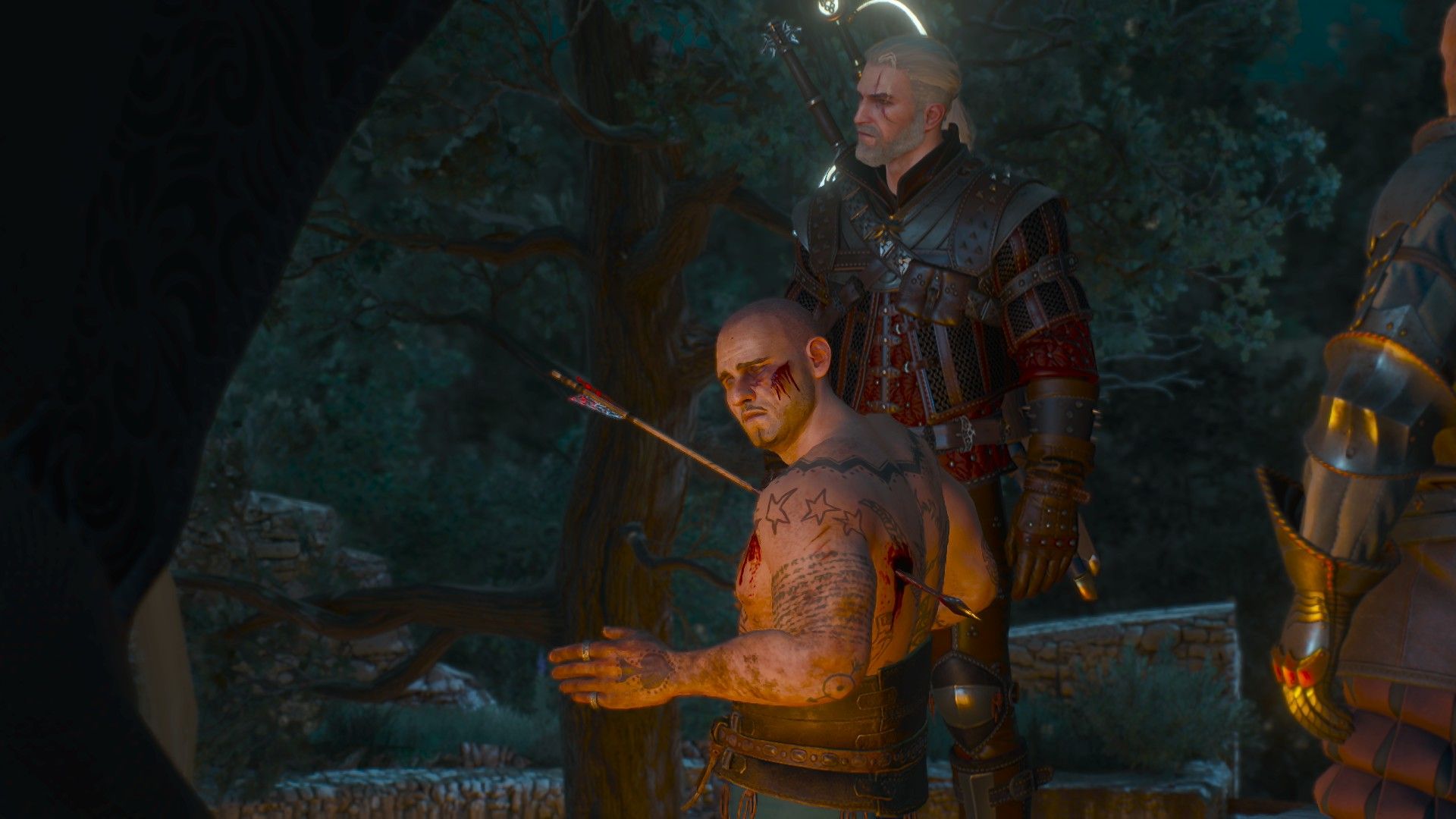 A large, tattooed man with an arrow through his body turns around in fear as Geralt stands next to him.