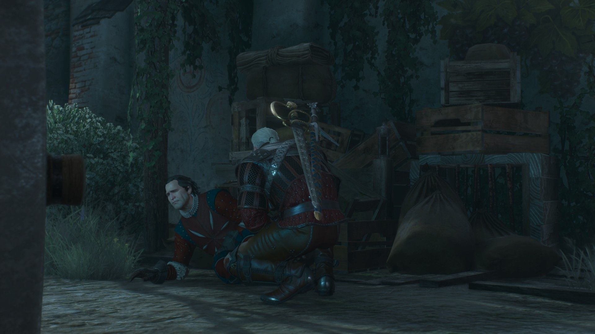 Geralt crouches next to a fallen nobleman during a nighttime assault on the latter's castle.