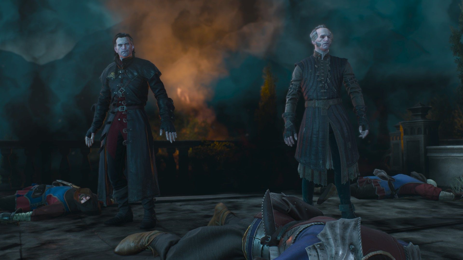 Regis and Dettlaff are standing in the middle of a pile of corpses when they come to help Geralt get to the castle.