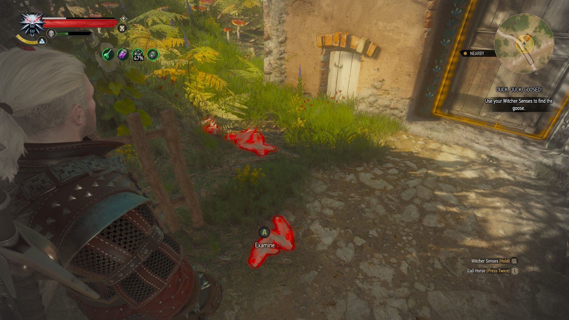 A screenshot of Geralt&rsquo;s Witcher Senses highlighting fallen feathers in red.