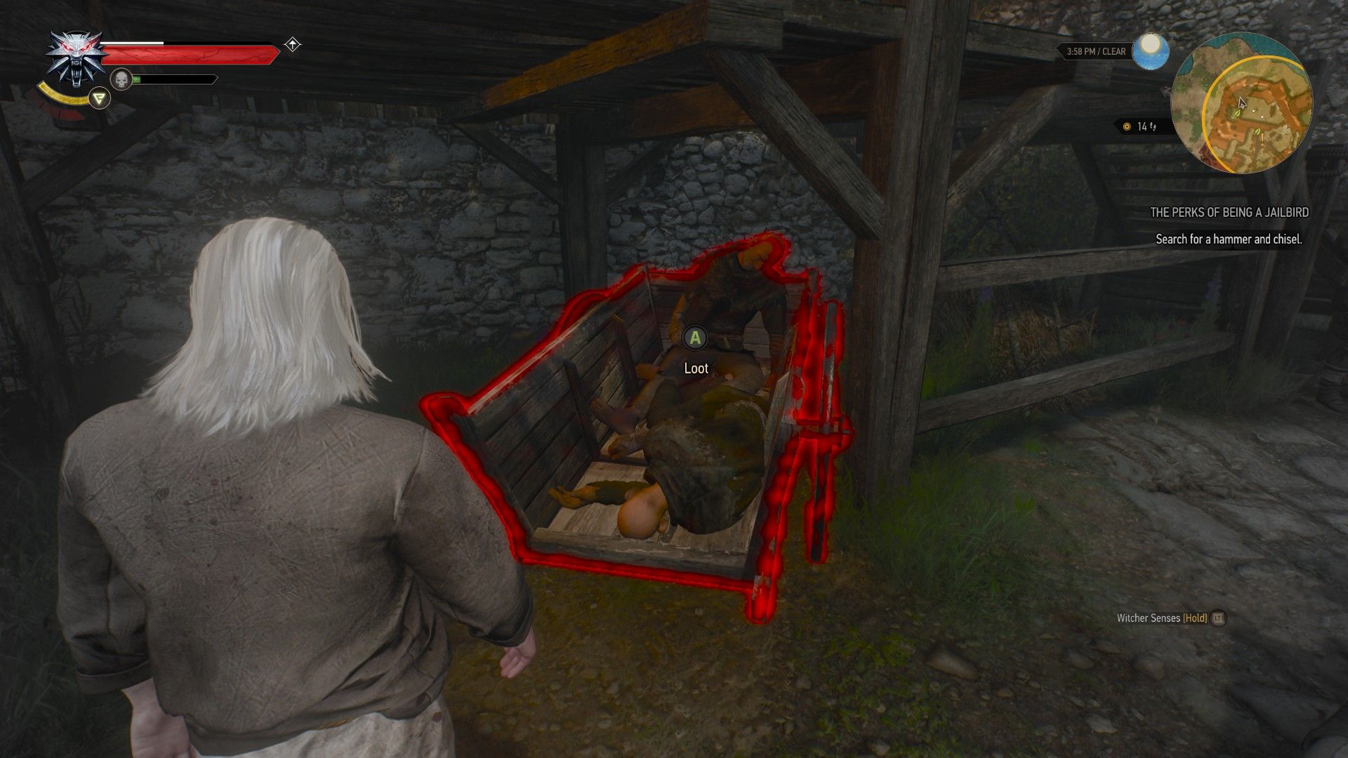A screenshot of Geralt&rsquo;s Witcher Senses highlighting a wagon in red, where a hammer and chisel can be found.