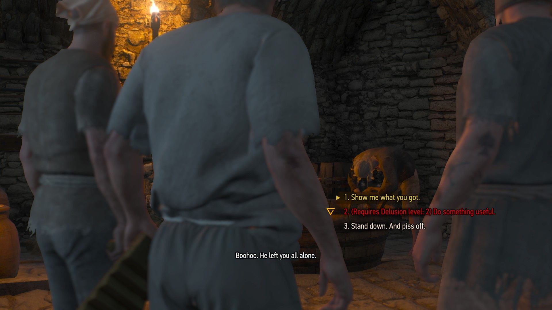 A screenshot of The Witcher 3&rsquo;s dialogue system, with three options displayed.