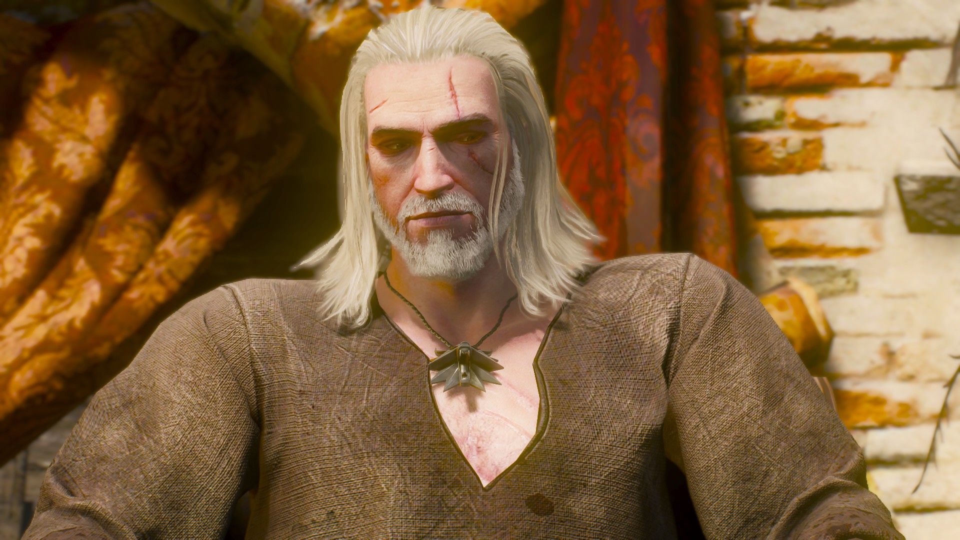 Geralt, freshly released from prison, sits in Beauclair while talking to a bootblack.