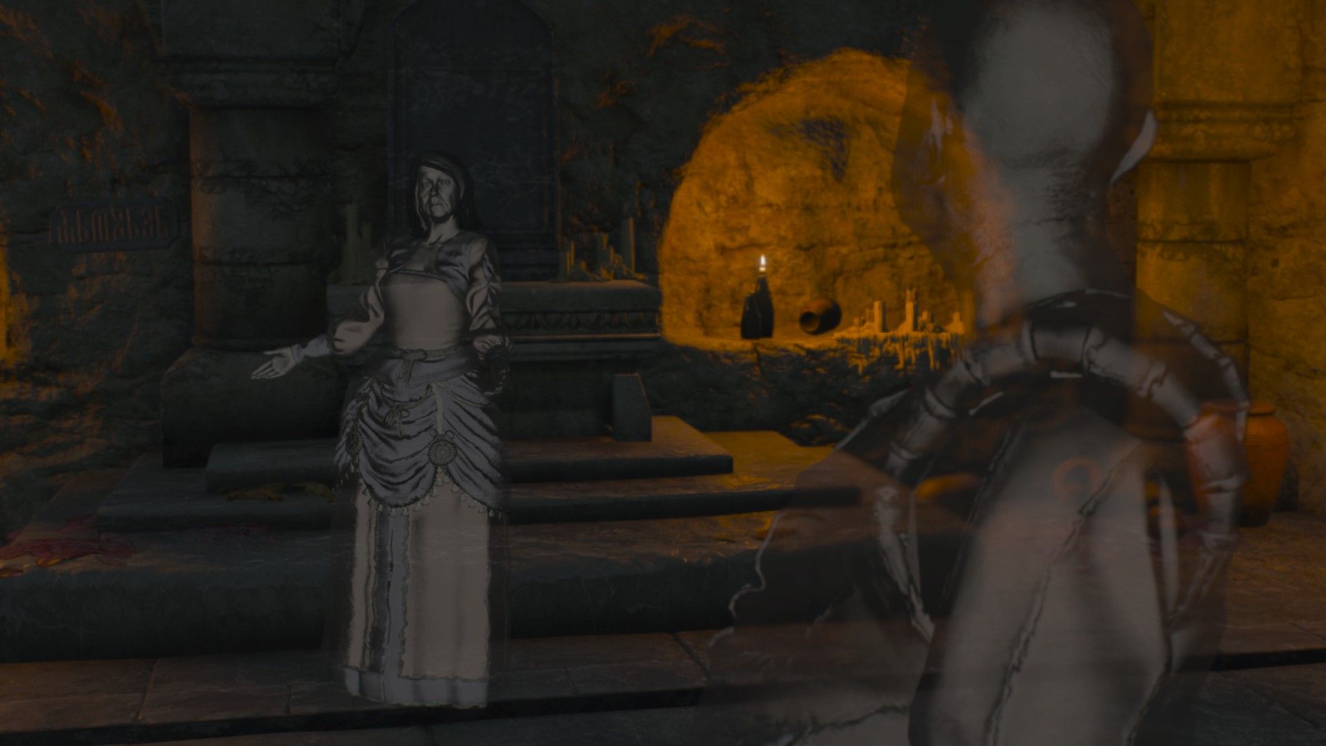 A ghost points angrily at his equally ghostly wife as they argue in a crypt.