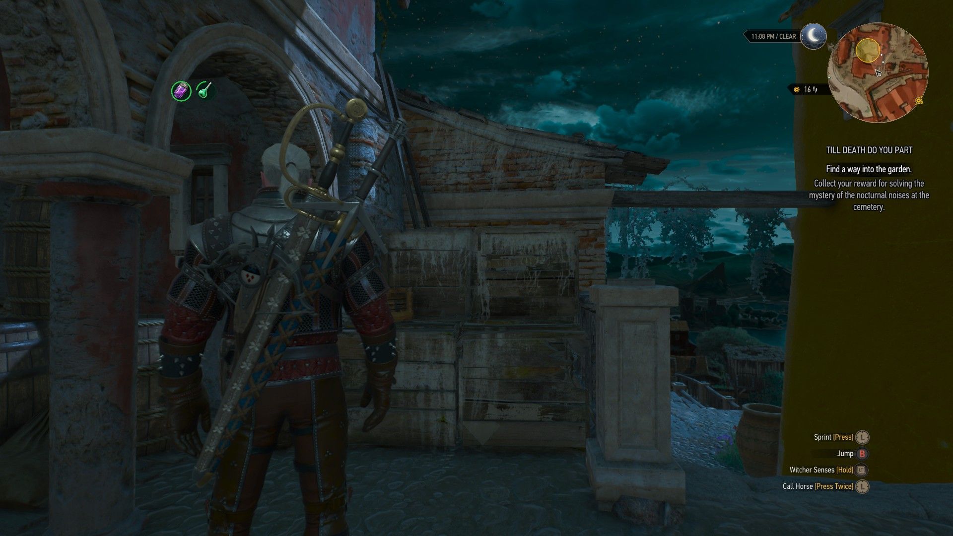 A screenshot of Geralt standing on the west side of a house, where he can break in from.