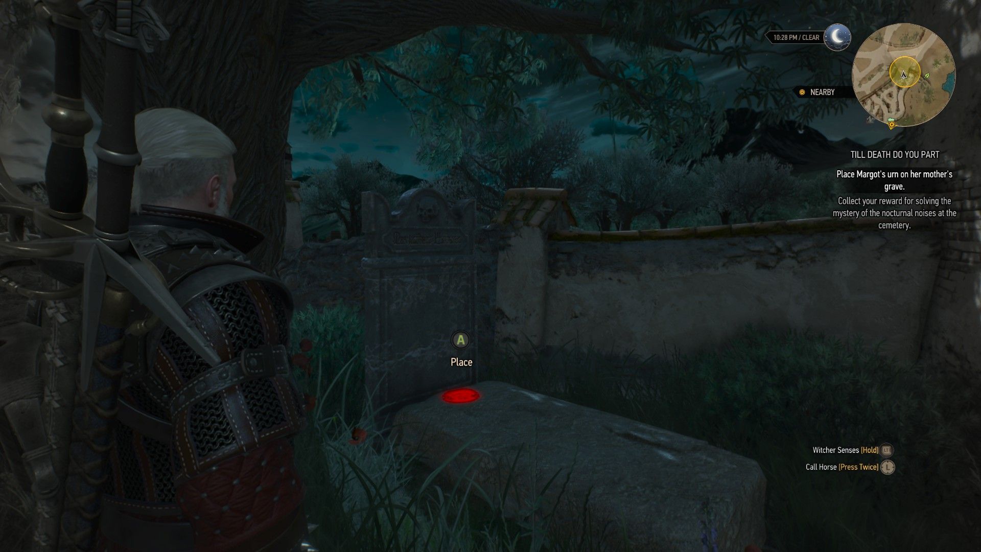 A screenshot of Geralt&rsquo;s Witcher Senses highlighting where Margot wants to rest.