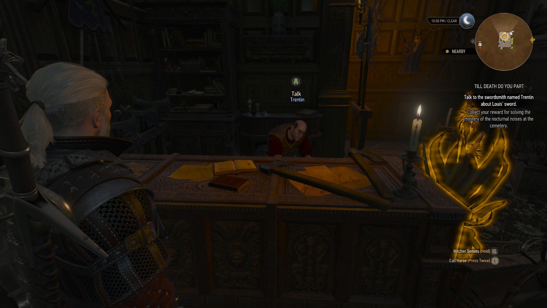 A screenshot of Geralt standing across from a blacksmith in his store.