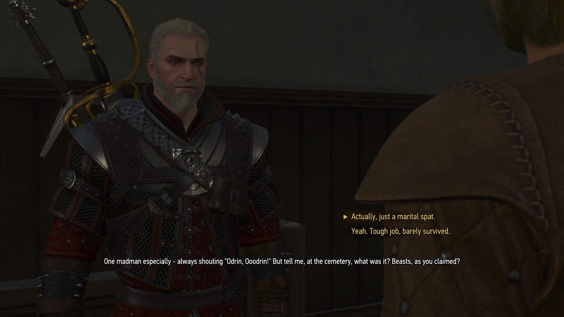 A screenshot of The Witcher 3&rsquo;s dialogue menu, with two options for Geralt to select.