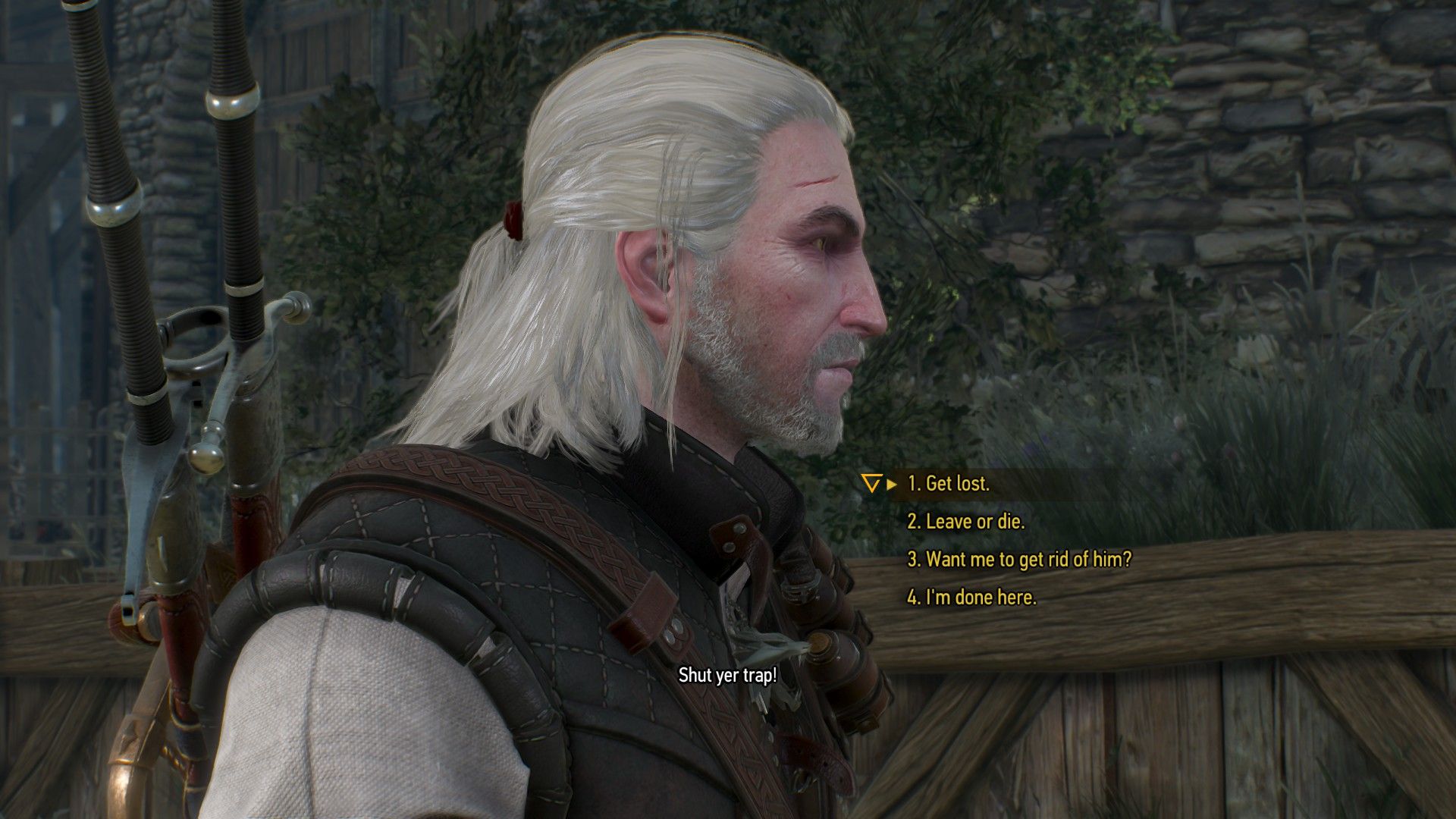 A screenshot of The Witcher 3&rsquo;s dialogue menu with four options displayed.
