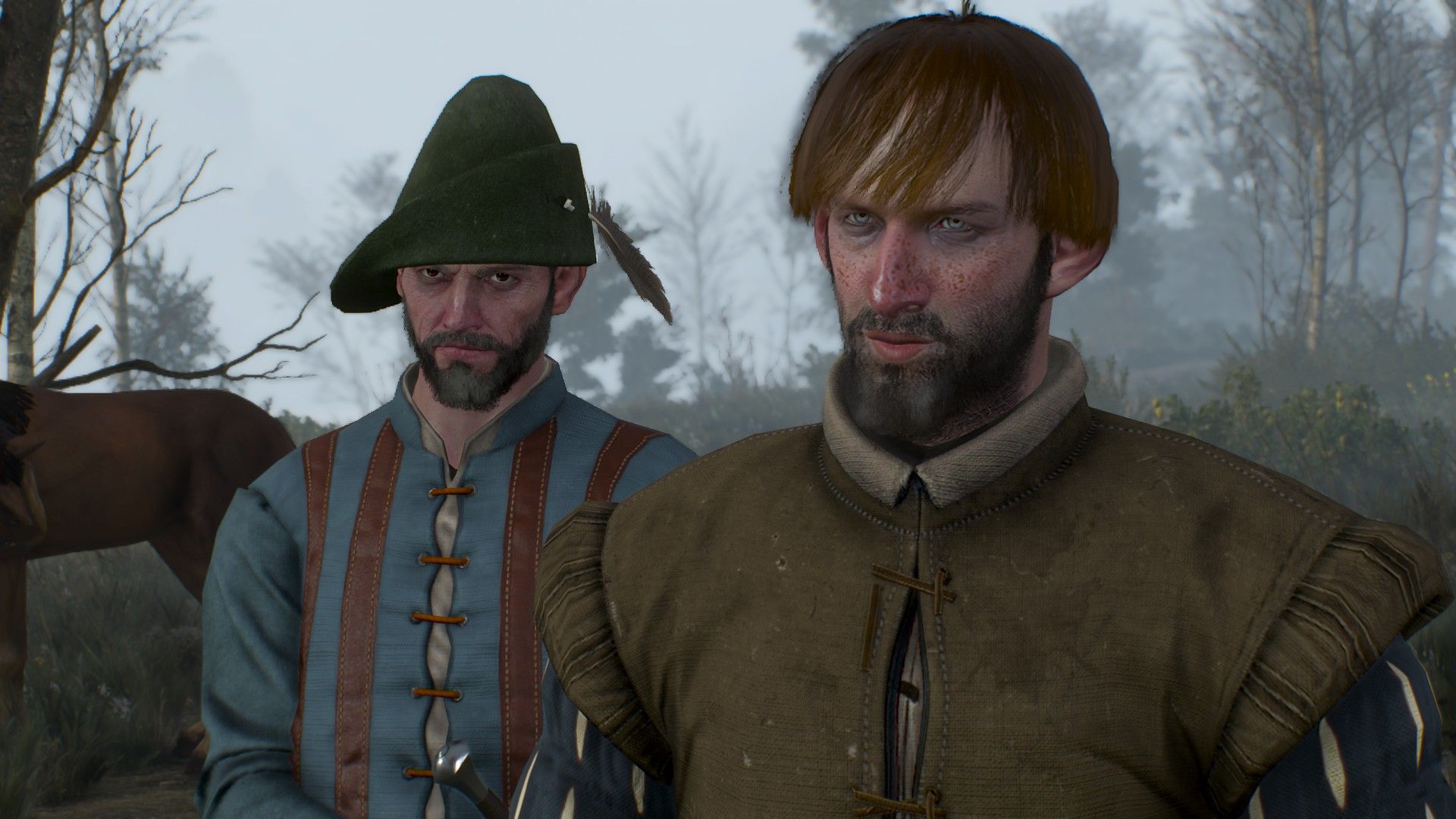 A pair of bearded merchants thank Geralt for saving them in a foggy forest in Velen.